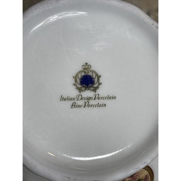 Vtg Italian Design Victorian Teapot Creamer Sugar Fine Porcelain Blue White Gold - Picture 12 of 12